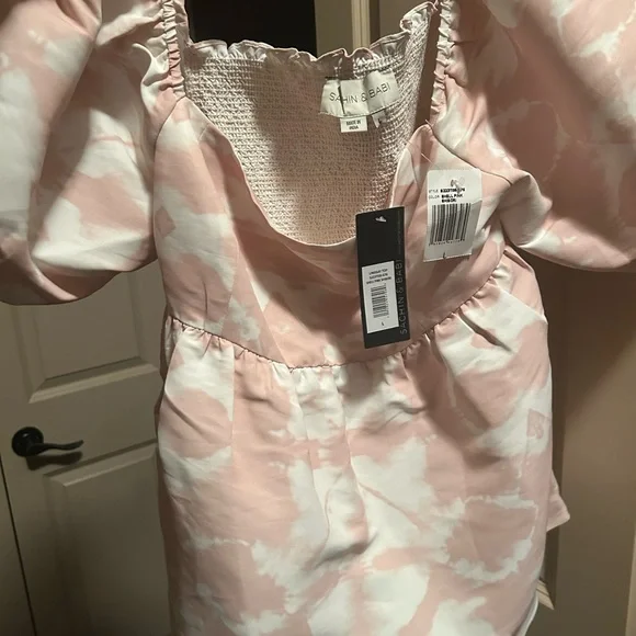 Sachin + Babi Pink and Cream Peplum Puff Sleeve Blouse
